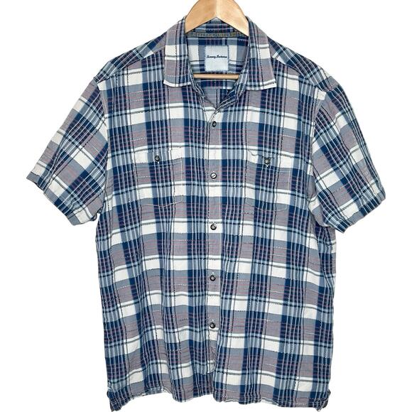 Tommy Bahama Textured Plaid Silk Short Sleeve Shirt Mens XL Red White Blue - Picture 1 of 5